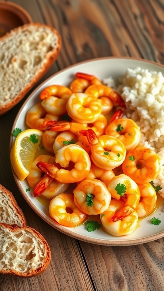 Garlic butter shrimp served with rice and lemon on a rustic wooden table.